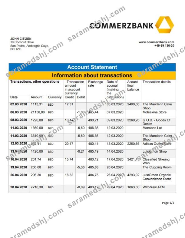 Belize Commerzbank bank statement
